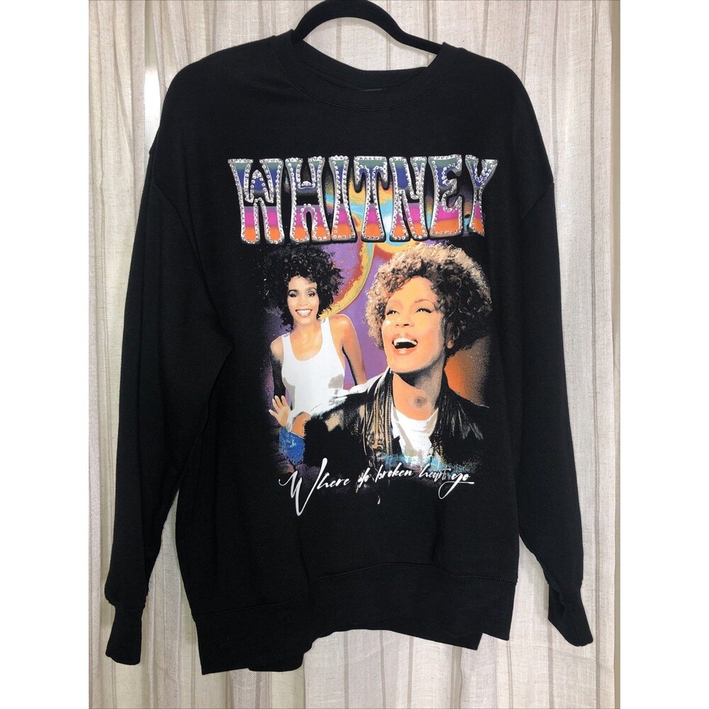 Whitney Houston Sweatshirt Size 1X Black Studded Where do Broken Hearts